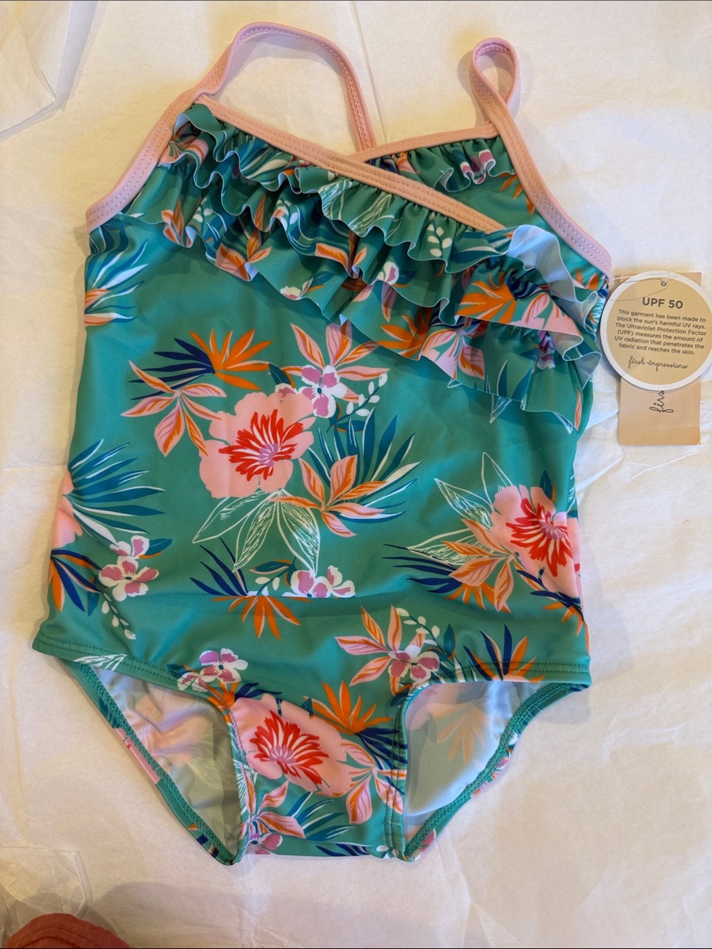 First Impressions Teal Floral Ruffle One-Piece Swimsuit with Pink Trim